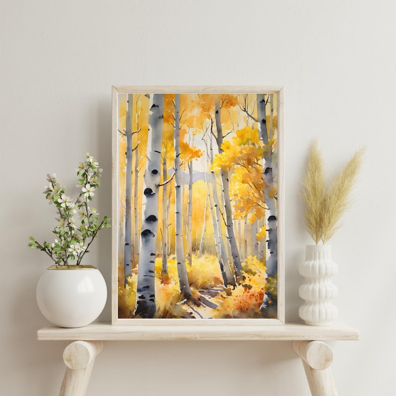Golden Aspen Birch Tree Watercolor Art Print, Colorado Autumn Forest ...