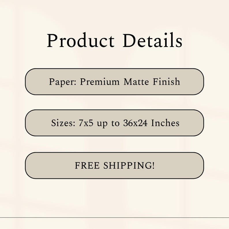 May include: Product details for prints: Premium matte finish paper, sizes from 7x5 inches to 36x24 inches, free shipping.