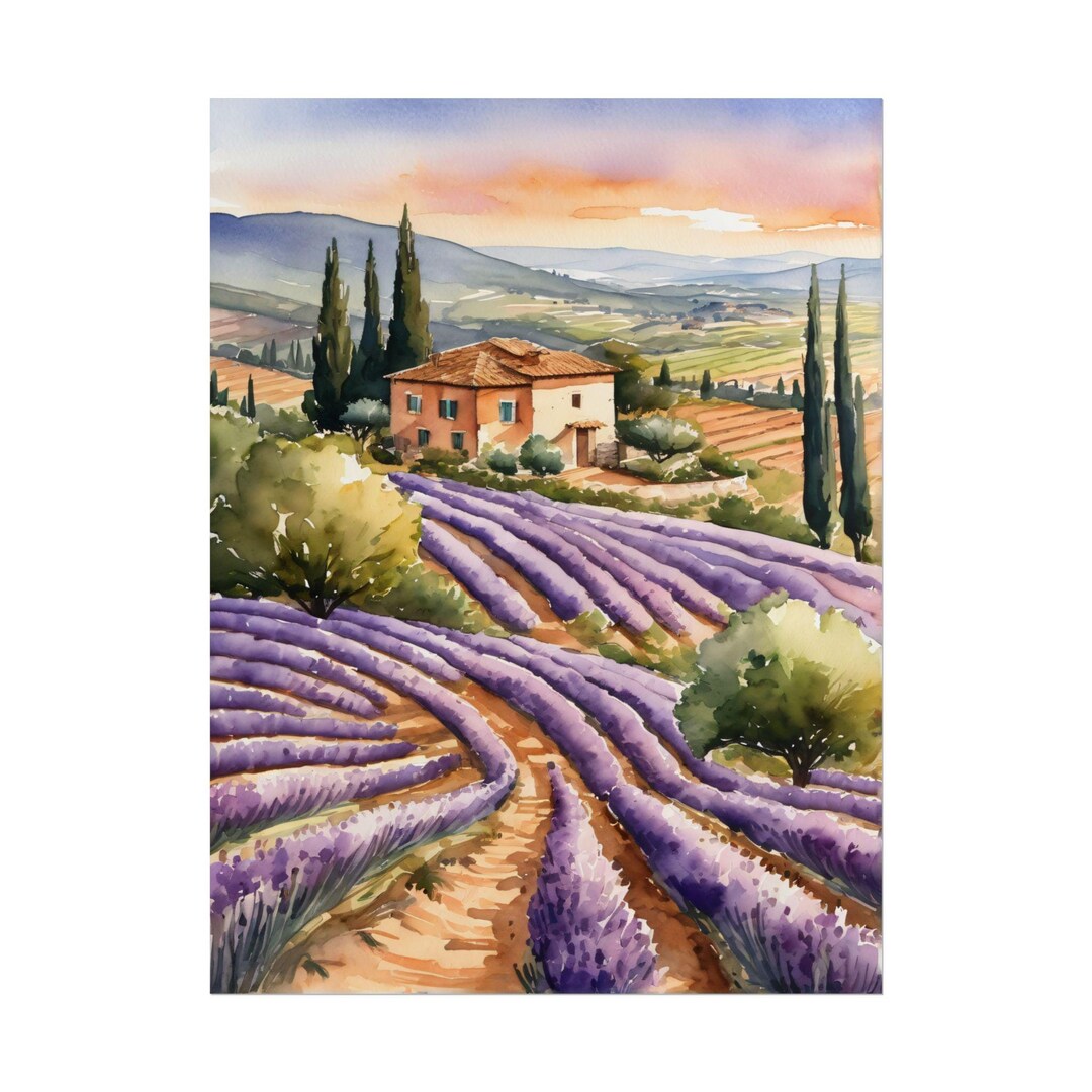 Tuscany Lavender Field Watercolor Painting – Italian Landscape Art ...