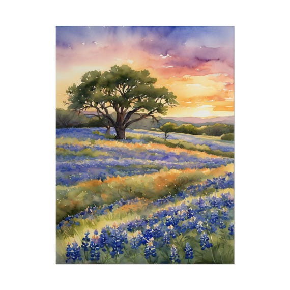 Texas Bluebonnet Watercolor Art Print – Hill Country Wildflowers Painting, Texas Landscape Wall Art, Rustic Nature Decor