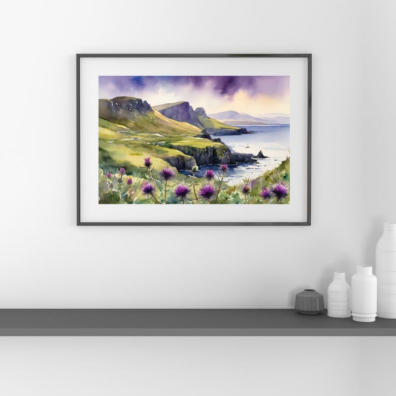 Thistle Watercolor Painting – Scottish Landscape Art Print, Isle of Skye Poster, Scottish Highlands Flowers Wall Decor, Scotland Wall Art bild 7