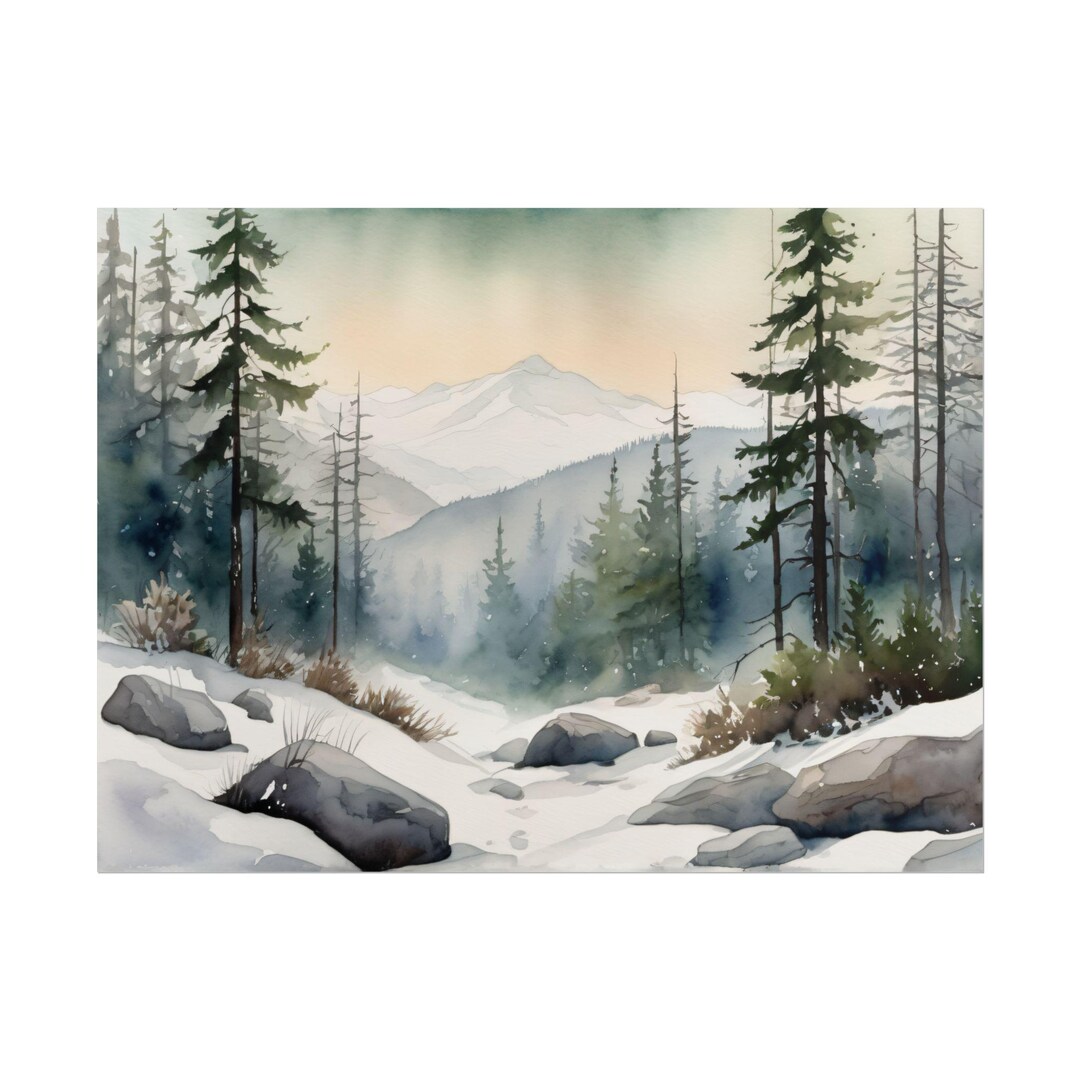 Winter Mountain Watercolor Painting, Snowy Pine Tree Forest Art Print ...