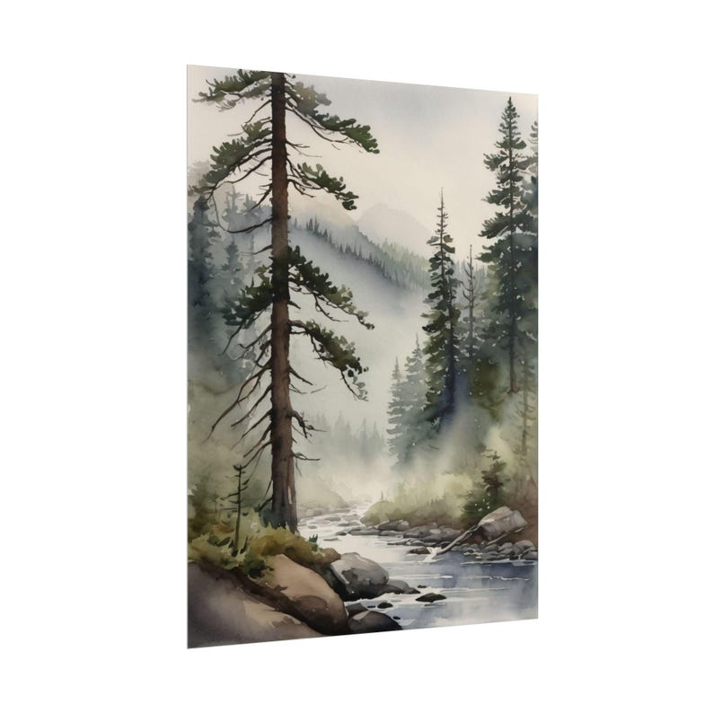 Mountain River Watercolor Painting, Pine Forest & Misty Landscape Art Print, Blue Green Wall Decor, Minimalist Nature Wall Art image 4