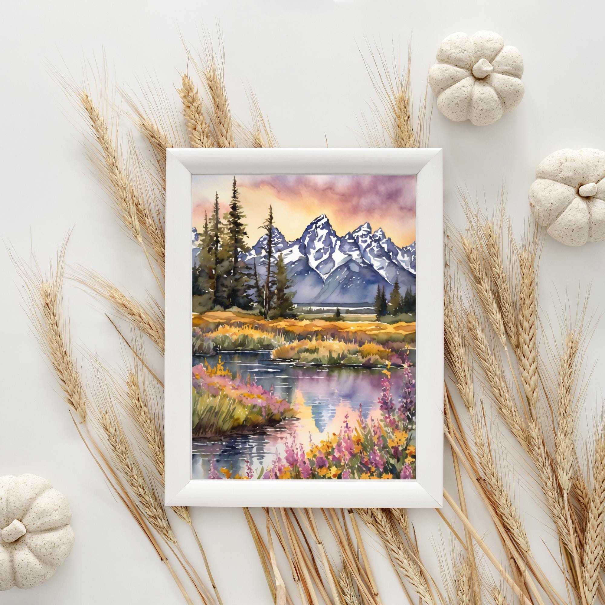 Grand Teton Watercolor Print, Mountain Landscape Wildflowers Painting ...