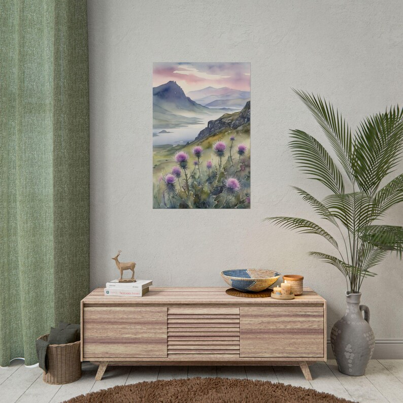Thistle Watercolor Painting – Scottish Landscape Art Print, Isle of Skye Poster, Scottish Highlands Flowers Wall Decor, Scotland Wall Art 画像 3