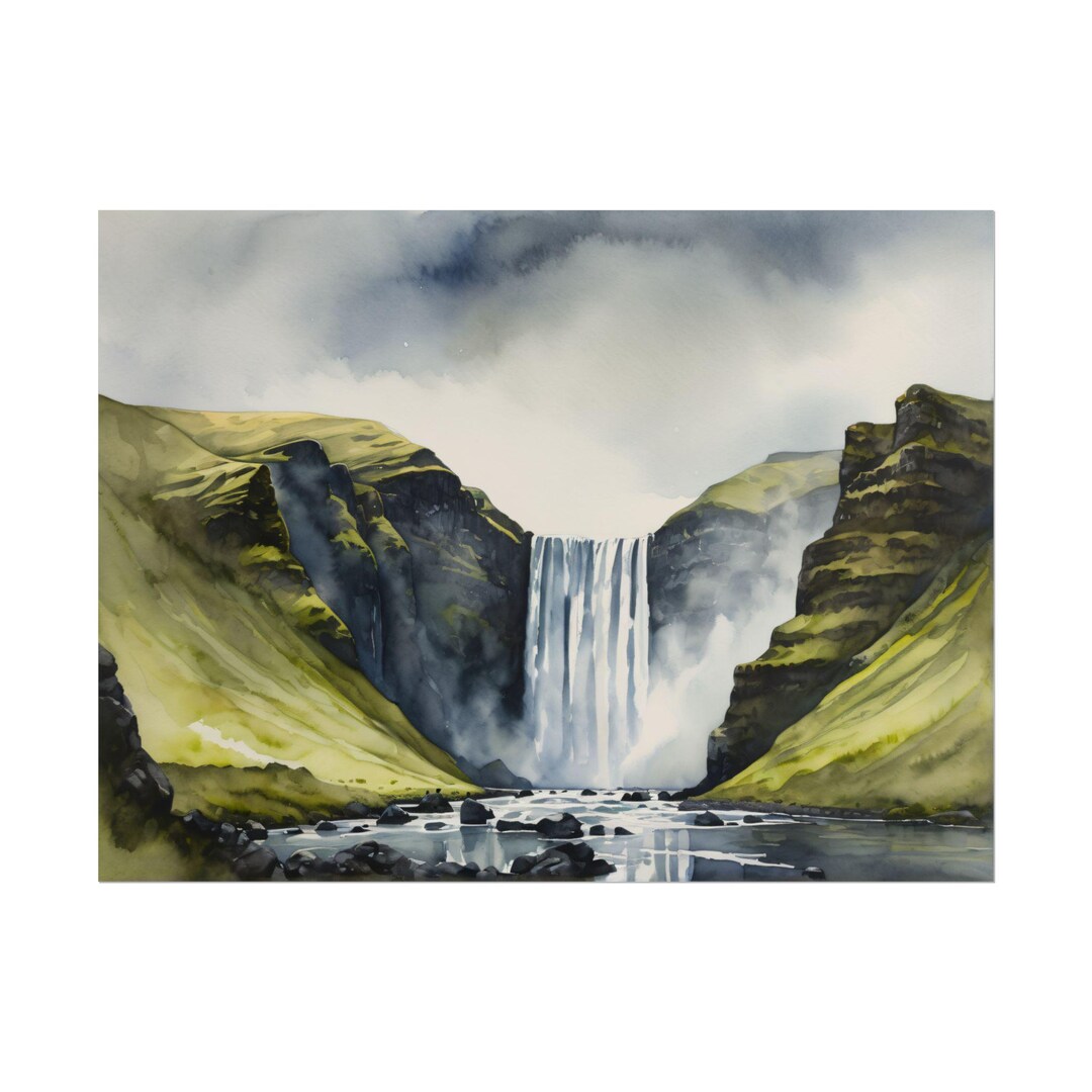 Iceland Watercolor Art Print – Skogafoss Waterfall Painting, Icelandic ...