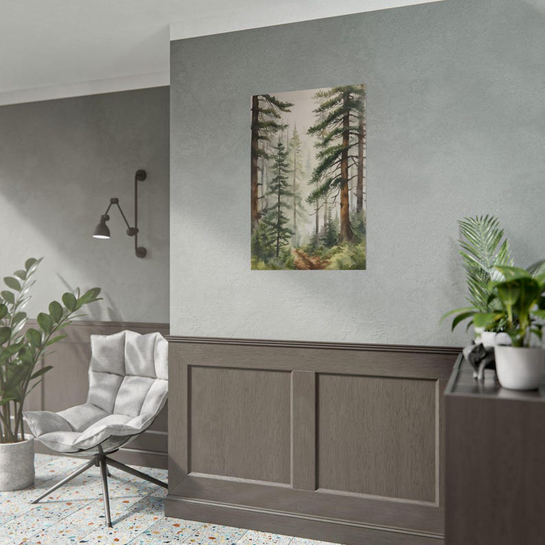 Watercolor Foggy Pine Forest Print – Misty Woodland Landscape Painting ...