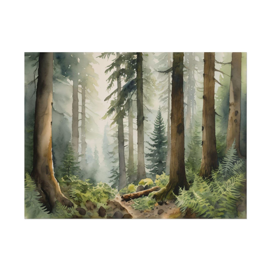 Oregon Watercolor Foggy Pine Forest Print – Misty Woodland Landscape ...