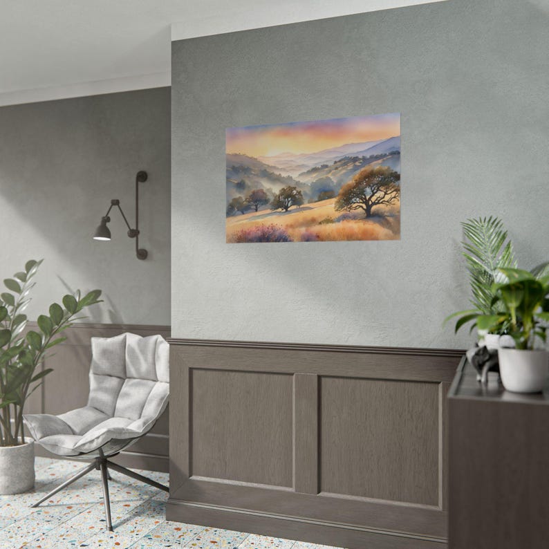 California Hills Watercolor Painting, San Luis Obispo Landscape Art Print, Oak Tree & Mountain Valley Wall Art, Nature Travel Decor image 5