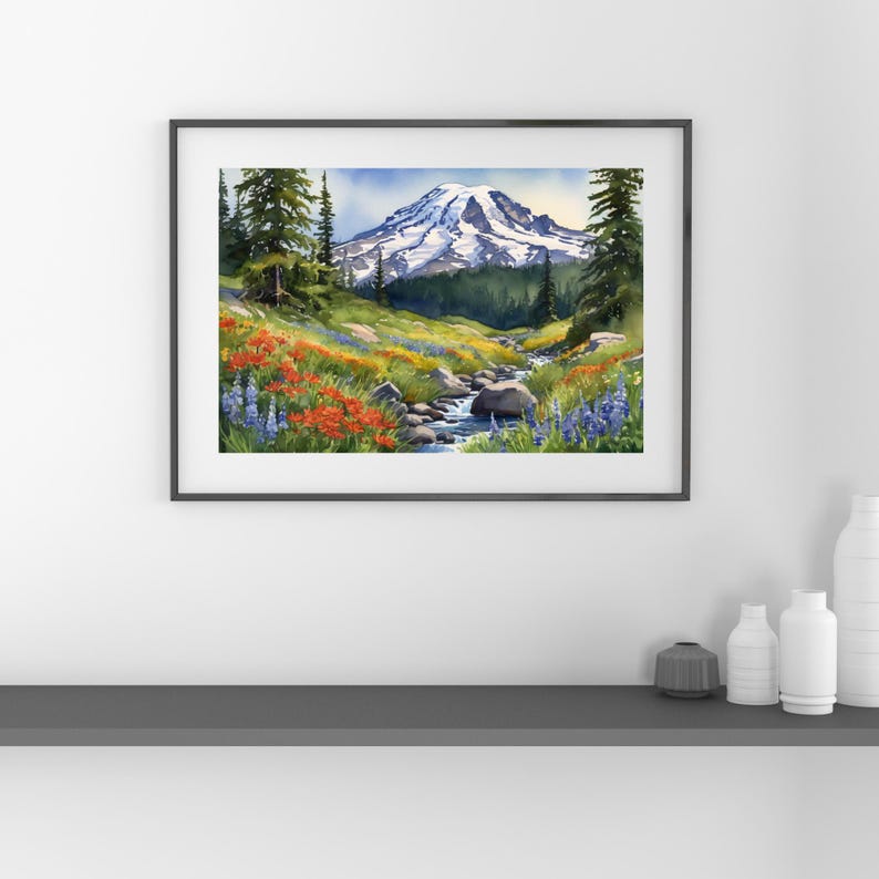 May include: Watercolor painting of a mountain range with a snow-capped peak, a stream flowing through a meadow with wildflowers in shades of blue, red, and yellow.