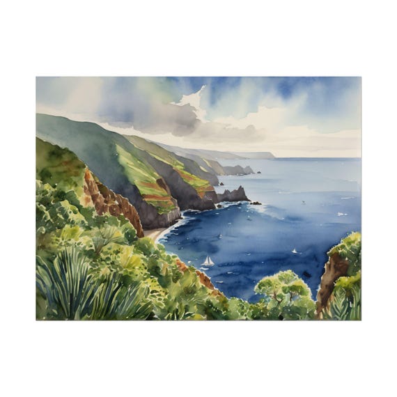 Madeira Portugal Watercolor Art Print, Mountain Landscape Painting, Atlantic Island Travel Poster, Portugal Wall Art, Madeira Decor Gift