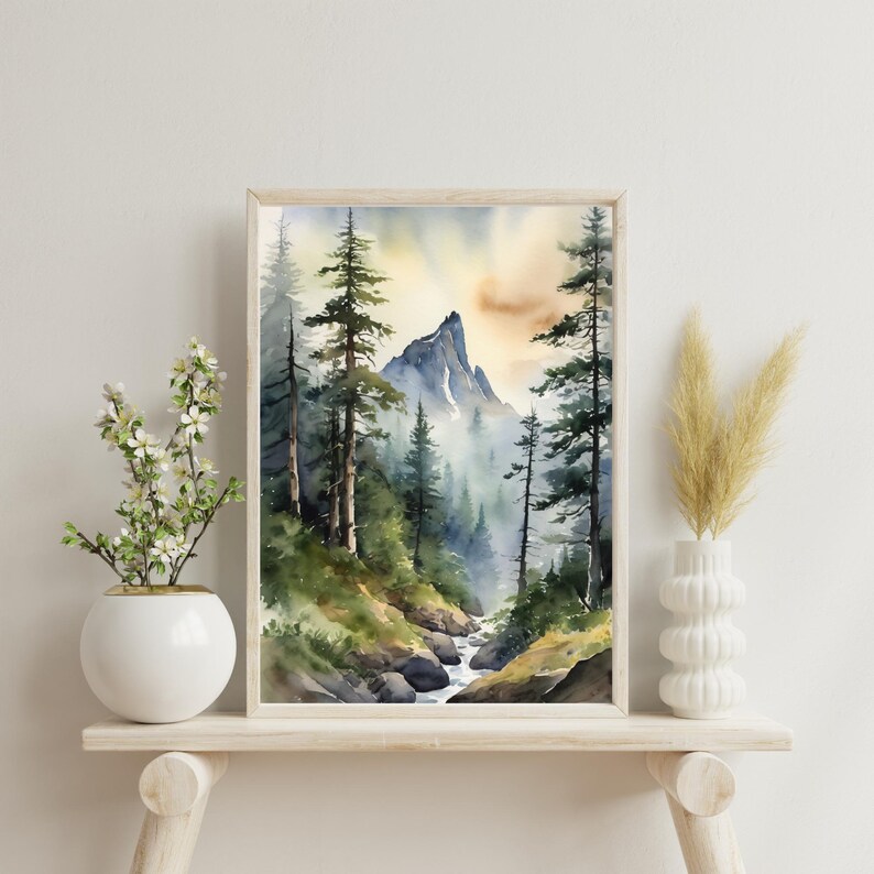 Mountain Forest Watercolor Painting, Pine Trees & Misty Mountain ...