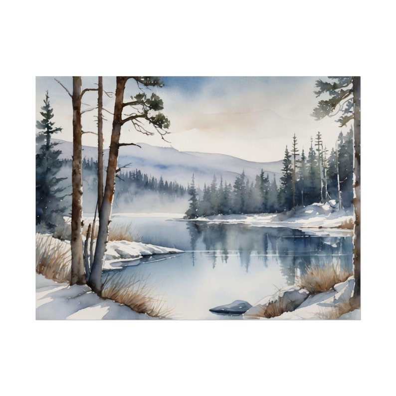 Winter Lake Painting – Snowy Pine Trees & Mountain Landscape Watercolor Art Print, Frozen Lake Scene, Winter Wall Decor, Holiday Poster image 1