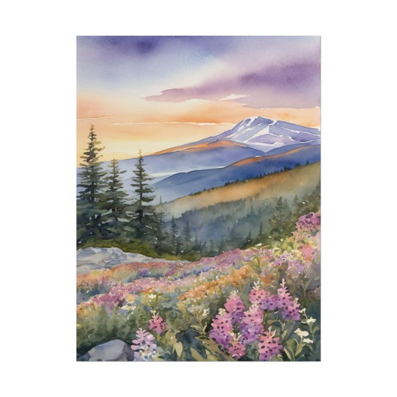 Mount Washington Watercolor Painting, Pine Forest Mountain, Travel-Inspired Wall Art, Wildflowers Print,  New Hampshire Landscape Art Decor