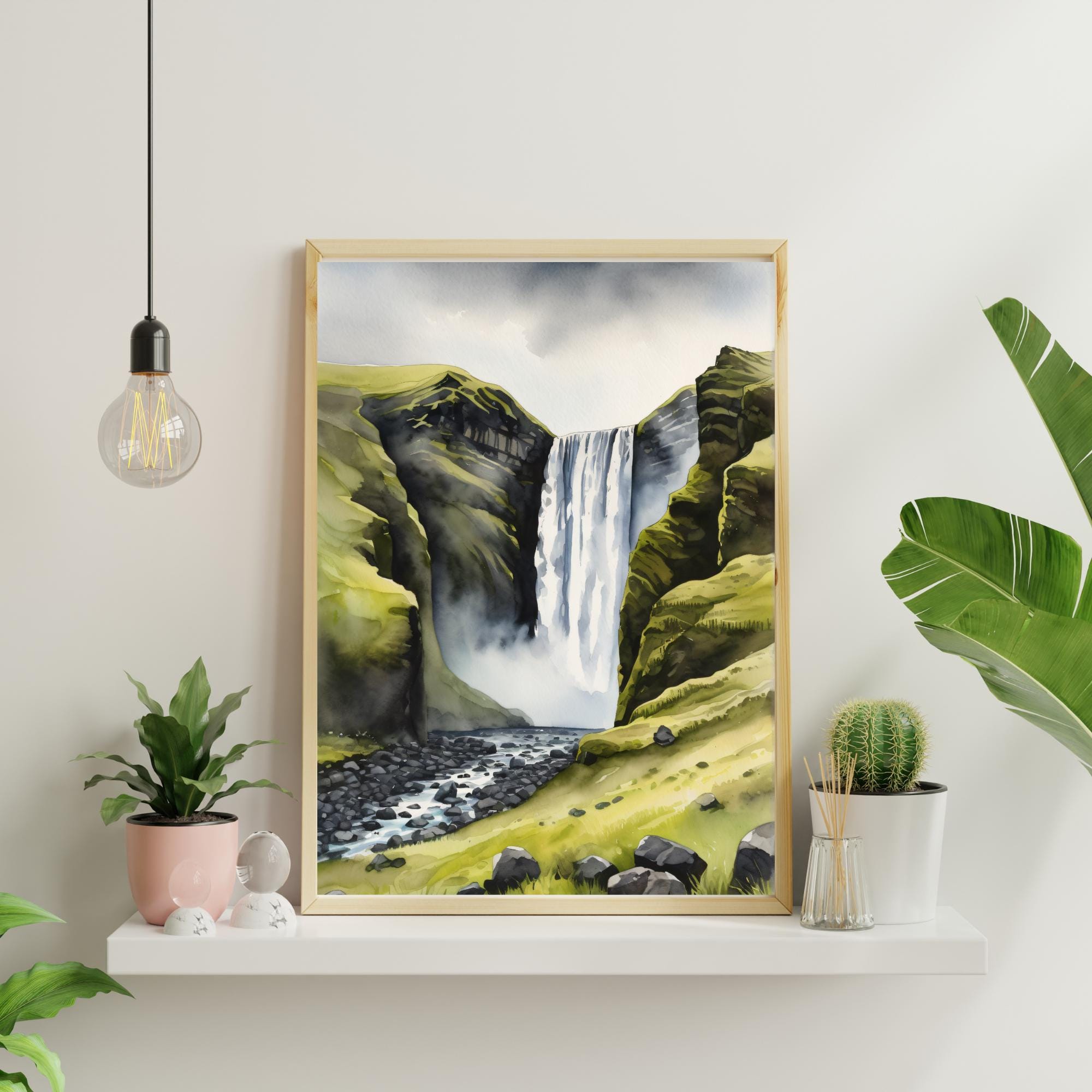 Iceland Watercolor Art Print – Skogafoss Waterfall Painting, Icelandic ...