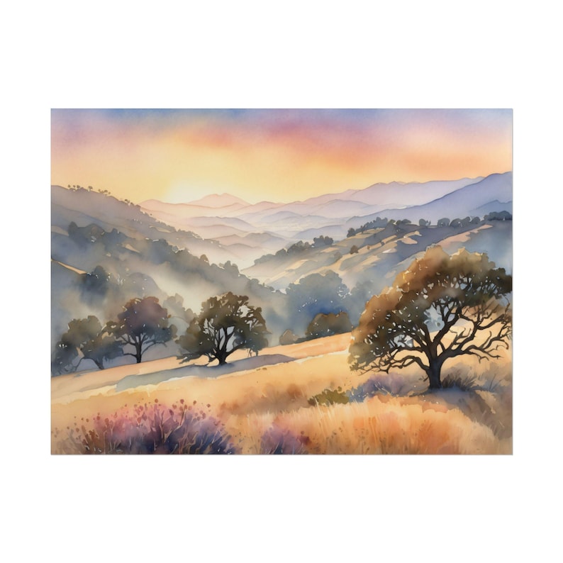 California Hills Watercolor Painting, San Luis Obispo Landscape Art Print, Oak Tree & Mountain Valley Wall Art, Nature Travel Decor image 1
