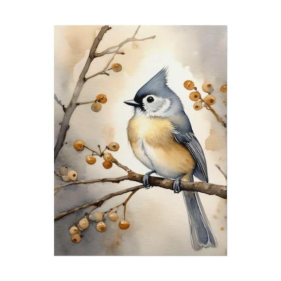 Tufted Titmouse Watercolor Print, Bird Painting, Wall Art, Titmouse on Bittersweet, Bird Artwork, Nature Wall Decor, Rustic Bird Art