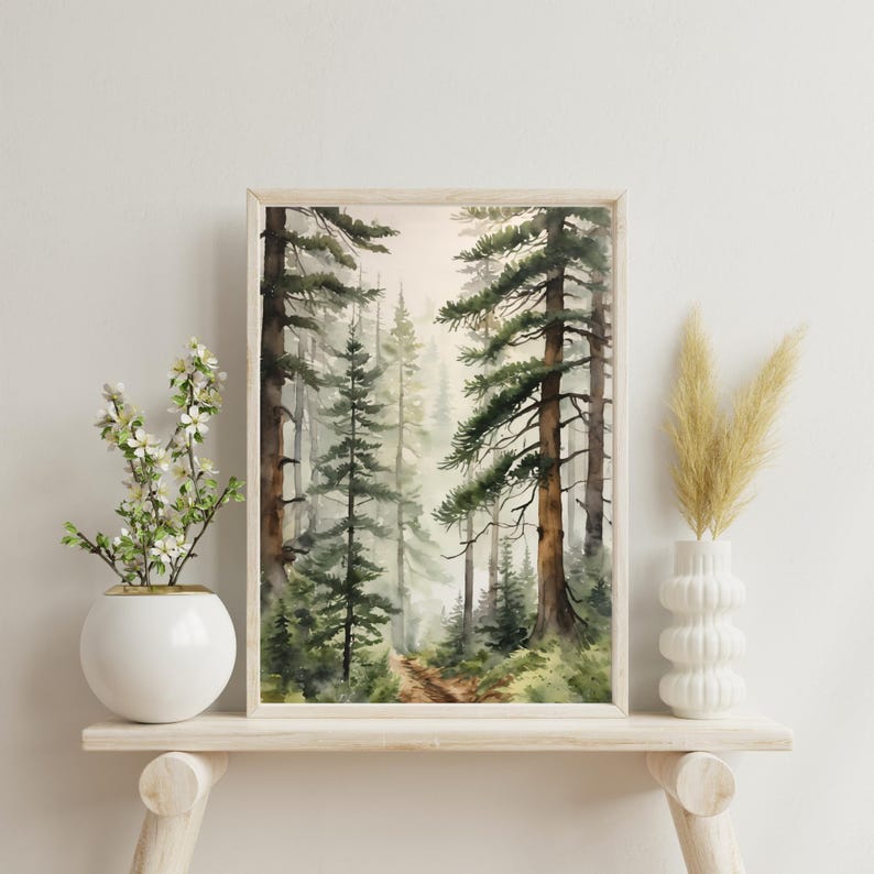 Watercolor Foggy Pine Forest Print – Misty Woodland Landscape Painting ...