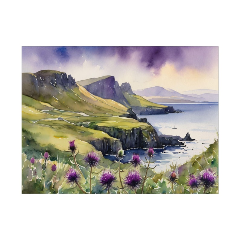 Thistle Watercolor Painting – Scottish Landscape Art Print, Isle of Skye Poster, Scottish Highlands Flowers Wall Decor, Scotland Wall Art bild 1