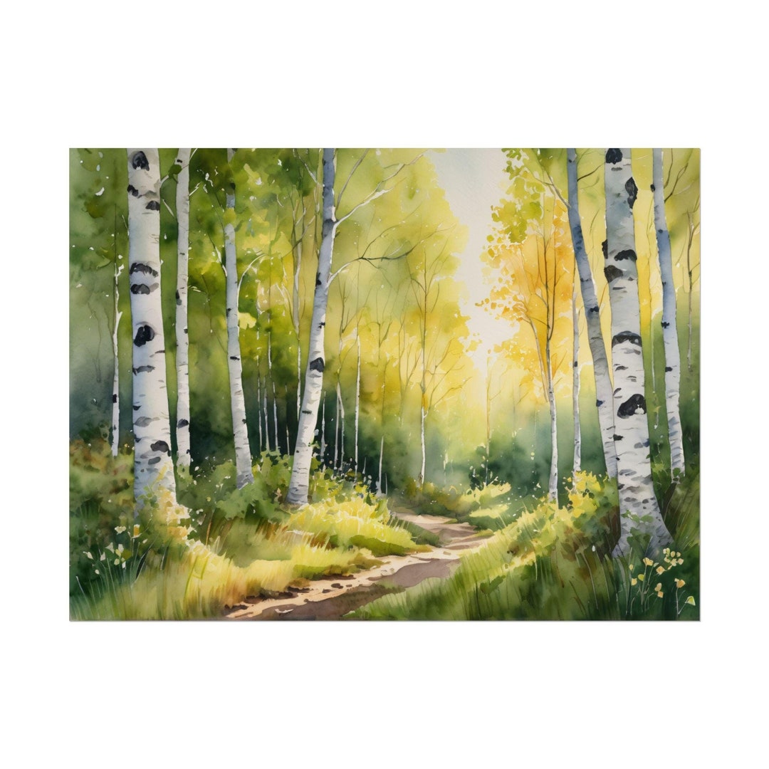 Forest Path Watercolor Art Print, Birch & Aspen Trees Painting, Nature ...