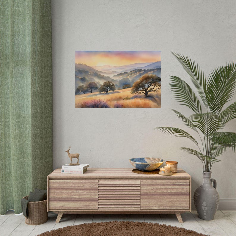 California Hills Watercolor Painting, San Luis Obispo Landscape Art Print, Oak Tree & Mountain Valley Wall Art, Nature Travel Decor image 3