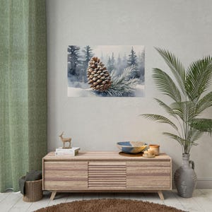 Pine Cone and Branch Watercolor Art Print, Evergreen Tree Wall Decor, Snowy Forest Painting, Winter Nature Print, Christmas Cabin Wall Art image 3