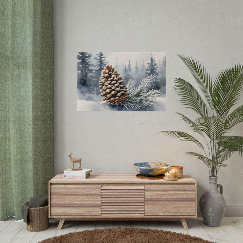 Pine Cone and Branch Watercolor Art Print, Evergreen Tree Wall Decor, Snowy Forest Painting, Winter Nature Print, Christmas Cabin Wall Art image 3