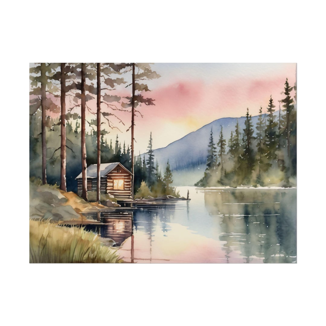 Forest Cabin Watercolor Print – Lake Tahoe Wall Art, Mountain Landscape ...