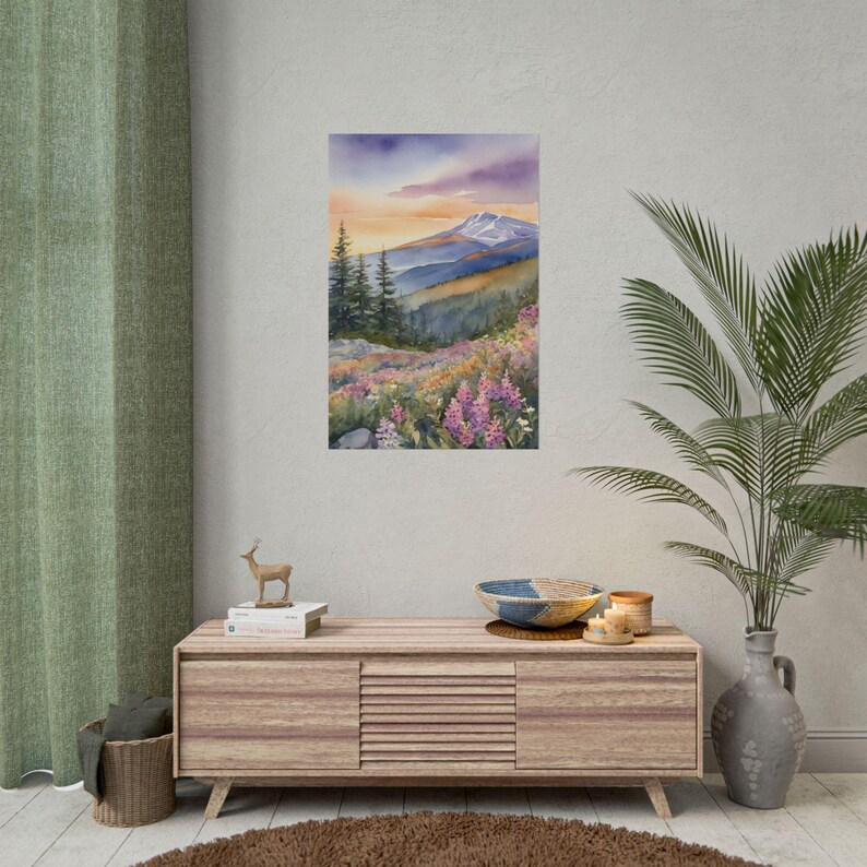 Mount Washington Watercolor Painting, Pine Forest Mountain, Travel-Inspired Wall Art, Wildflowers Print, New Hampshire Landscape Art Decor image 3