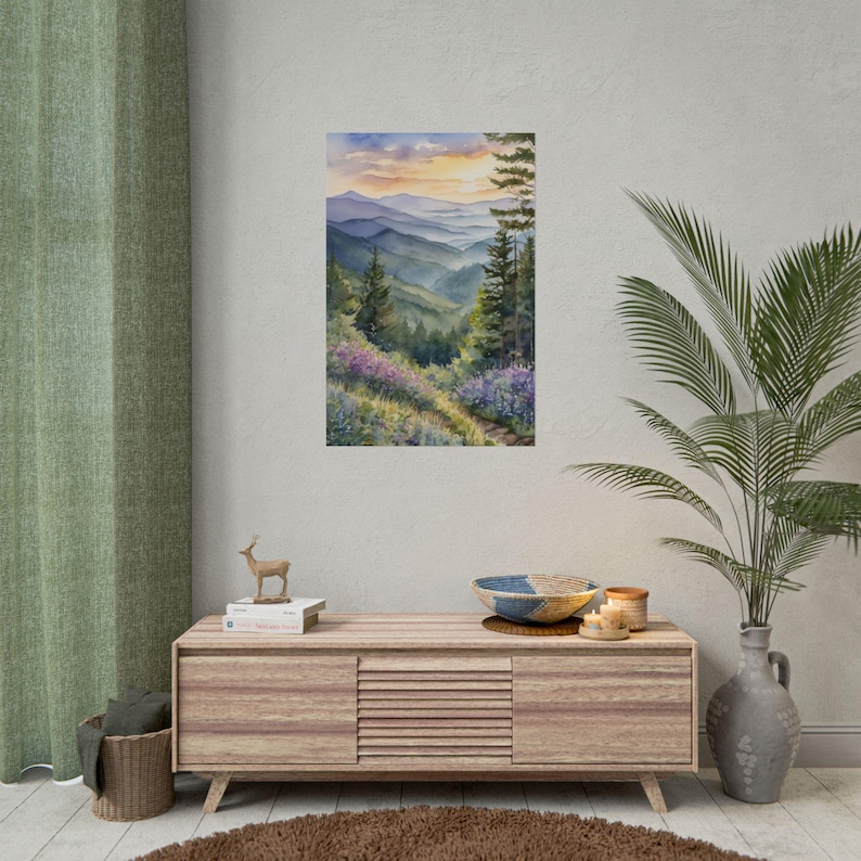 Smoky Mountains Painting – Spring Wildflowers Watercolor Art Print, Appalachian Landscape Poster, Mountain Forest Wall Art Decor imagem 3