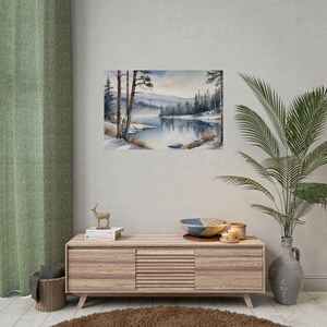 Winter Lake Painting – Snowy Pine Trees & Mountain Landscape Watercolor Art Print, Frozen Lake Scene, Winter Wall Decor, Holiday Poster image 3