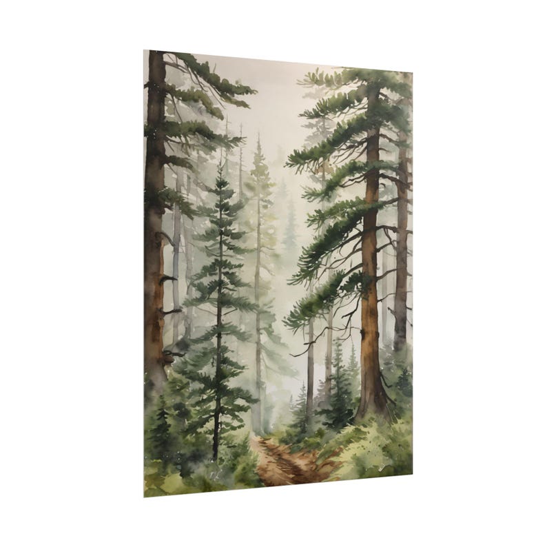 Watercolor Foggy Pine Forest Print – Misty Woodland Landscape Painting ...