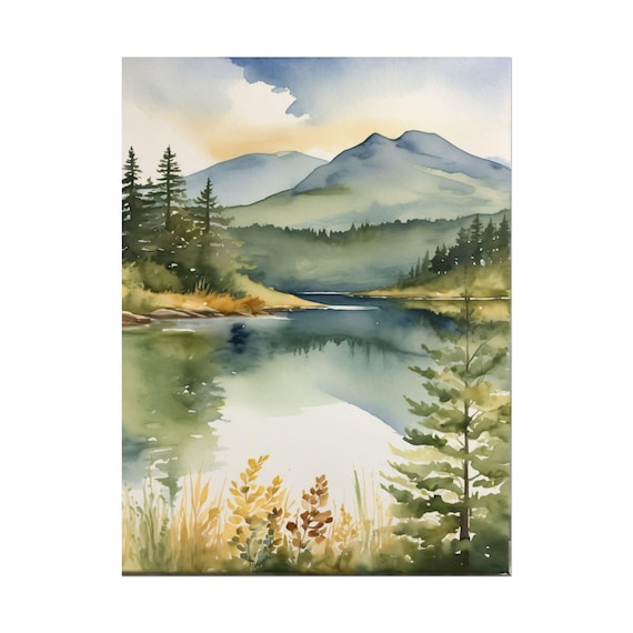 Adirondack Mountains Painting, Scenic Lake Reflection Print, New York Forest Watercolor Landscape Wall Decor, Serene Autumn Wall Art