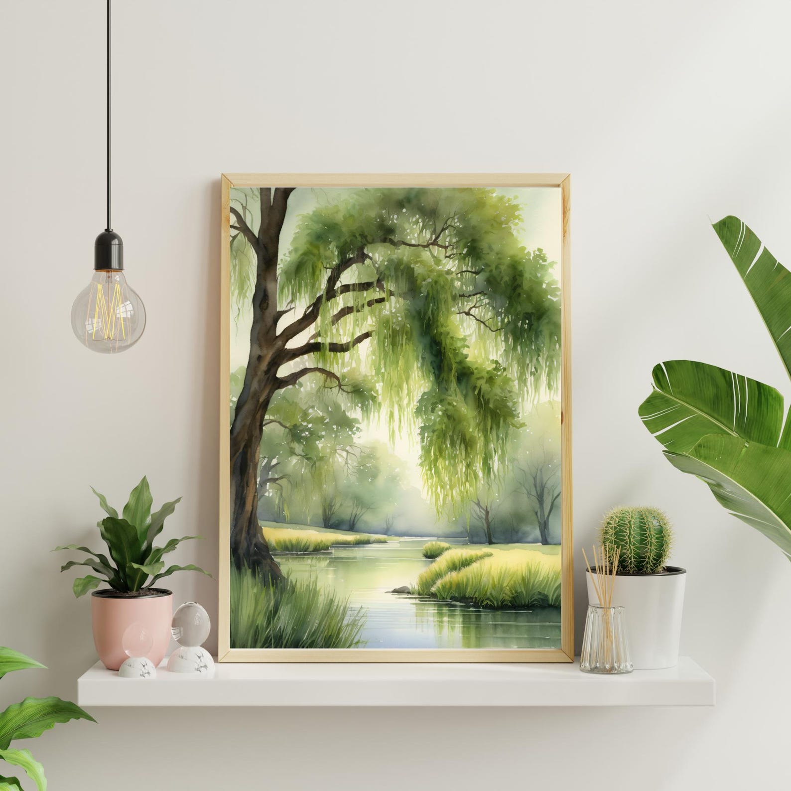 Willow Tree Watercolor Art Print, Lakeside Landscape Painting, Weeping ...