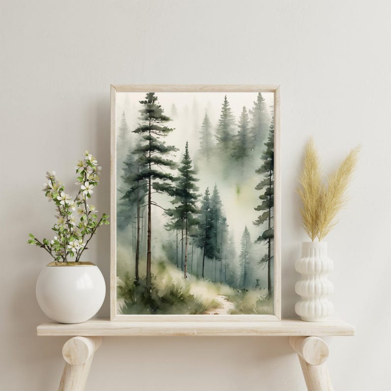 Watercolor Foggy Pine Forest Print – Misty Woodland Landscape Painting ...