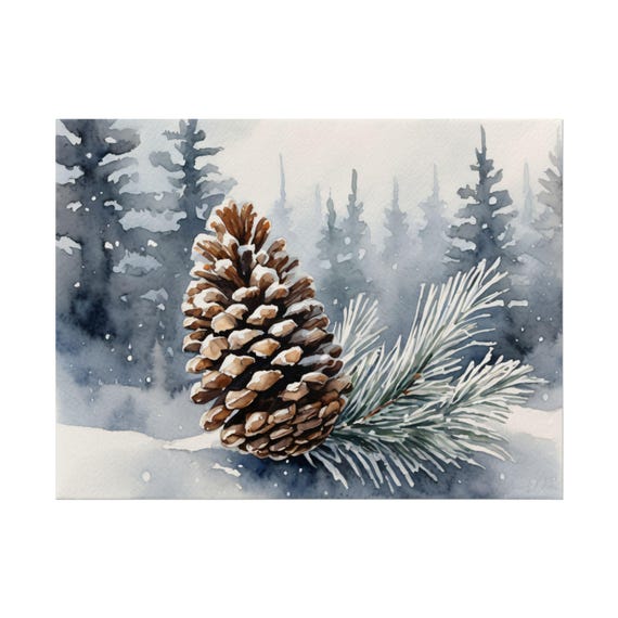 Pine Cone and Branch Watercolor Art Print, Evergreen Tree Wall Decor, Snowy Forest Painting, Winter Nature Print, Christmas Cabin Wall Art