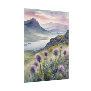Thistle Watercolor Painting – Scottish Landscape Art Print, Isle of Skye Poster, Scottish Highlands Flowers Wall Decor, Scotland Wall Art 画像 4
