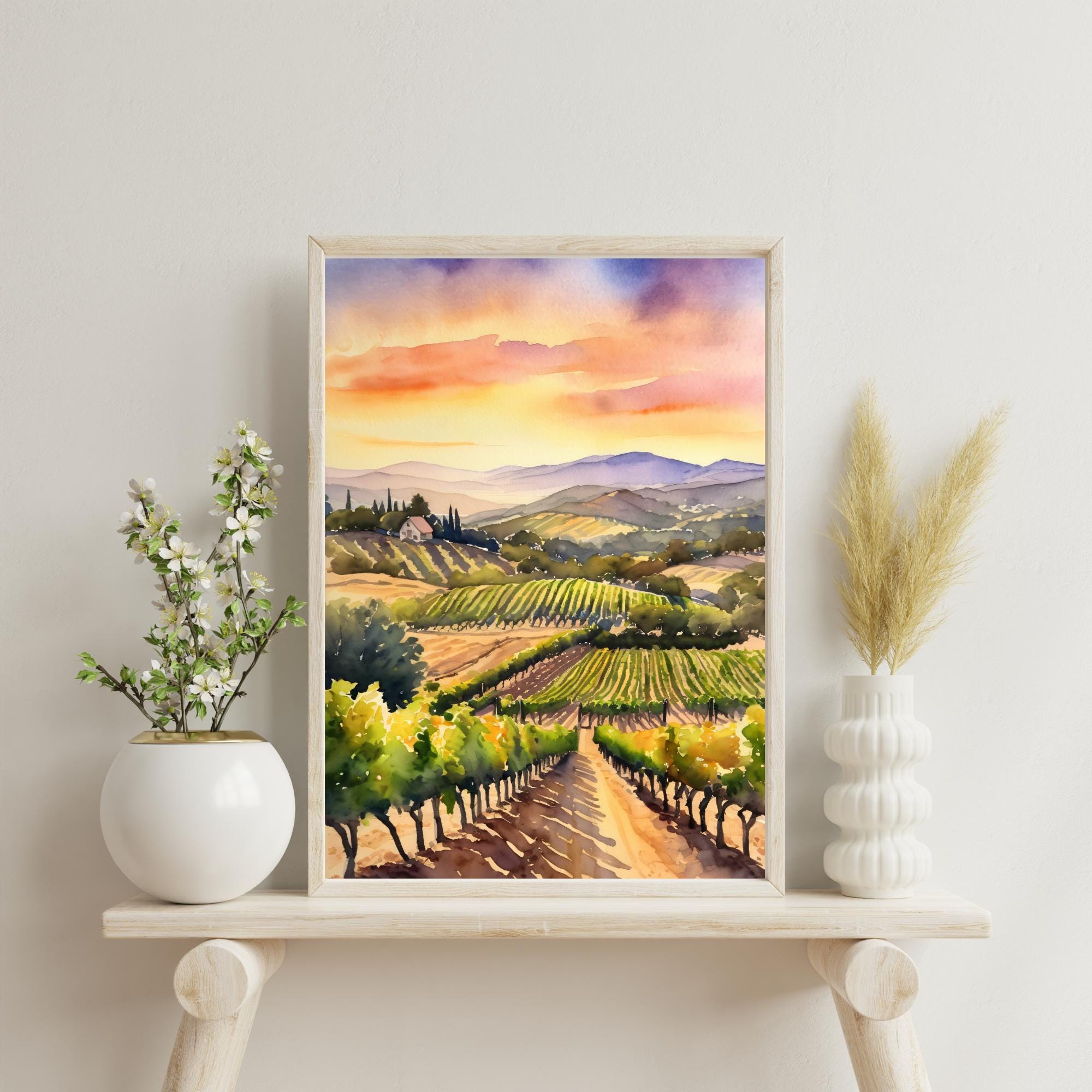 Napa Valley Watercolor Art Print, California Vineyard Landscape, Wine ...