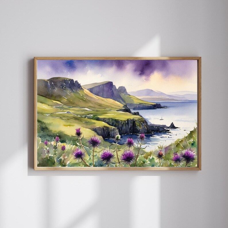 Thistle Watercolor Painting – Scottish Landscape Art Print, Isle of Skye Poster, Scottish Highlands Flowers Wall Decor, Scotland Wall Art bild 4