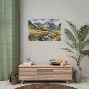 Acuarela de Glencoe, arte mural de Escocia, obra de arte de un arroyo de montaña, impresión de viaje de Glencoe, impresión de paisaje escénico, decoración del hogar imagen 3