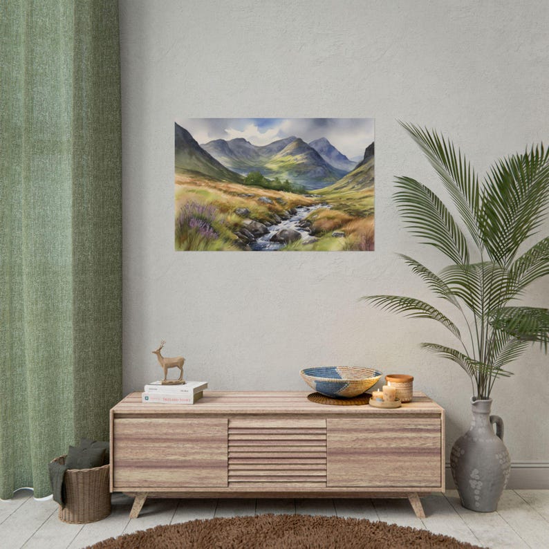 Acuarela de Glencoe, arte mural de Escocia, obra de arte de un arroyo de montaña, impresión de viaje de Glencoe, impresión de paisaje escénico, decoración del hogar imagen 3