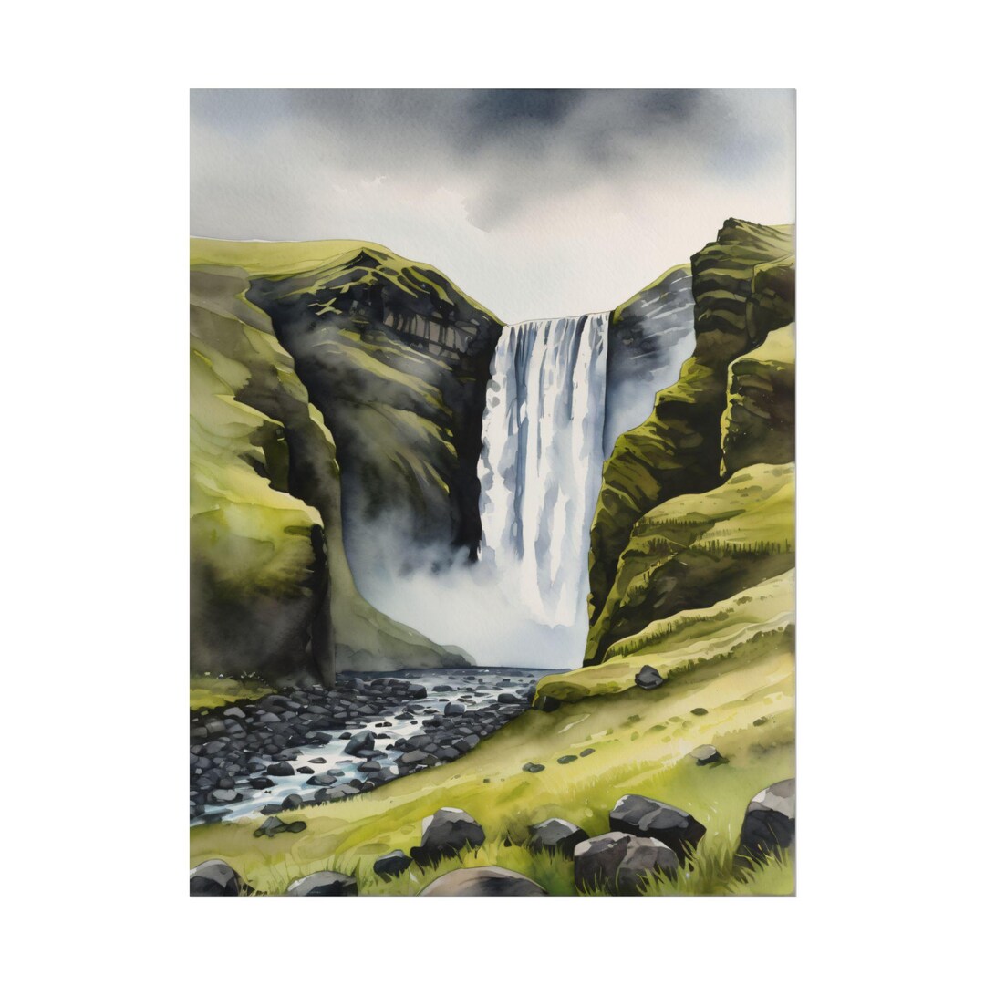 Iceland Watercolor Art Print – Skogafoss Waterfall Painting, Icelandic ...
