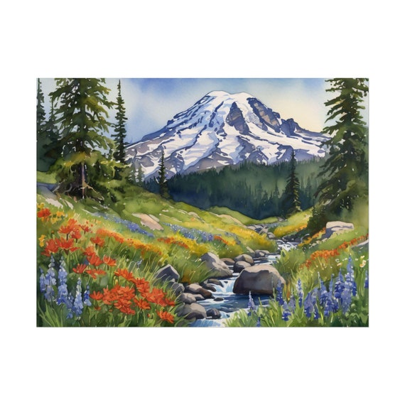 Mount Rainier Watercolor Art Print – National Park Landscape, River Mountain Painting, Washington Wall Decor, Wildflower Travel Poster,