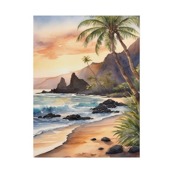 Maui Hawaii Watercolor Art Print, Tropical Beach Wall Decor, Hawaiian Seascape Painting, Palm Tree Landscape Poster, Coastal Sunset Print