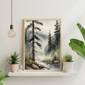 May include: A watercolor painting of a misty forest scene with a river flowing through it. The painting features tall, dark green trees and a light blue sky. The river is a light blue color and has small rocks in it.