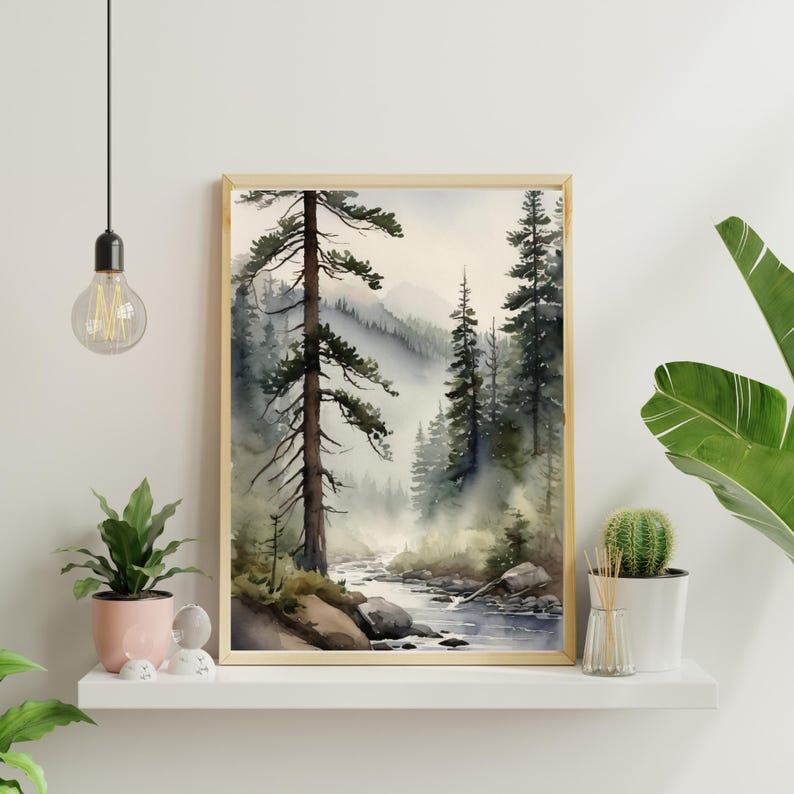 May include: A watercolor painting of a misty forest scene with a river flowing through it. The painting features tall, dark green trees and a light blue sky. The river is a light blue color and has small rocks in it.