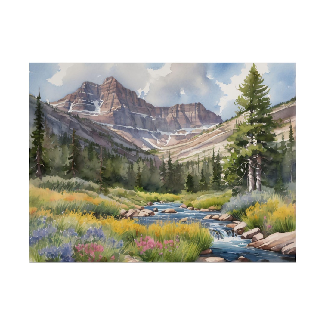 Uinta Mountains Print, Utah Watercolor Painting, Wildflowers & Pine Forest River Landscape, Rocky Mountain Valley Art, Nature Travel Poster - 24″ x 16″ (Horizontal)