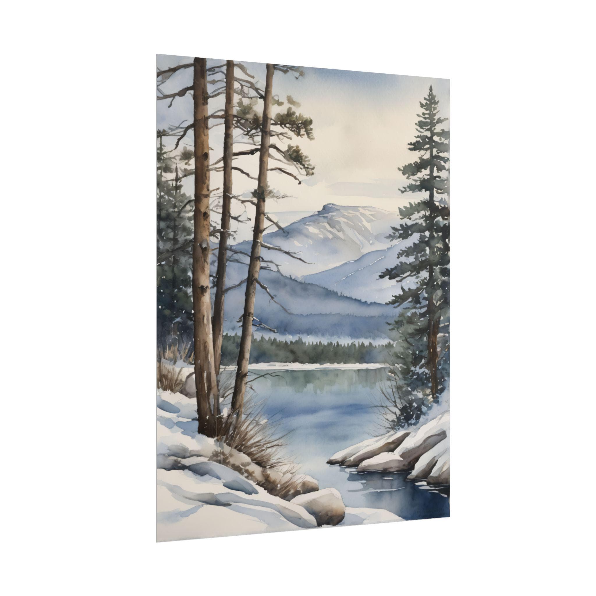 Winter Lake Painting – Snowy Pine Trees & Mountain Landscape Watercolor ...