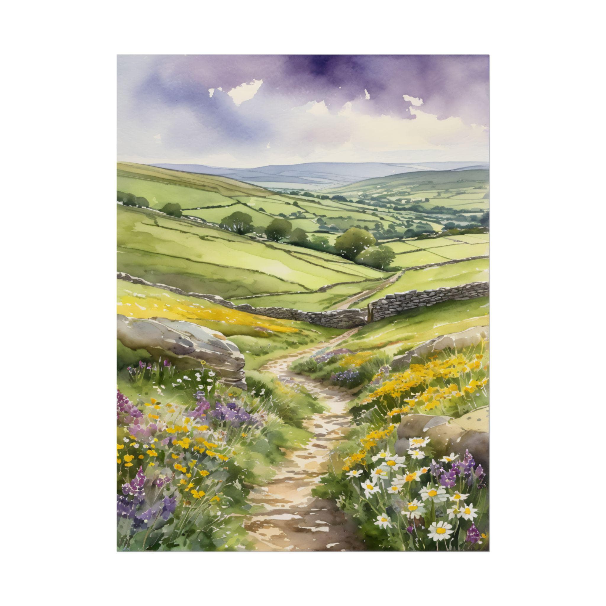 Impresión artística en acuarela de Yorkshire Dales: paisaje rural inglés, pintura de parque nacional, decoración rústica de pared, póster de viaje por el Reino Unido