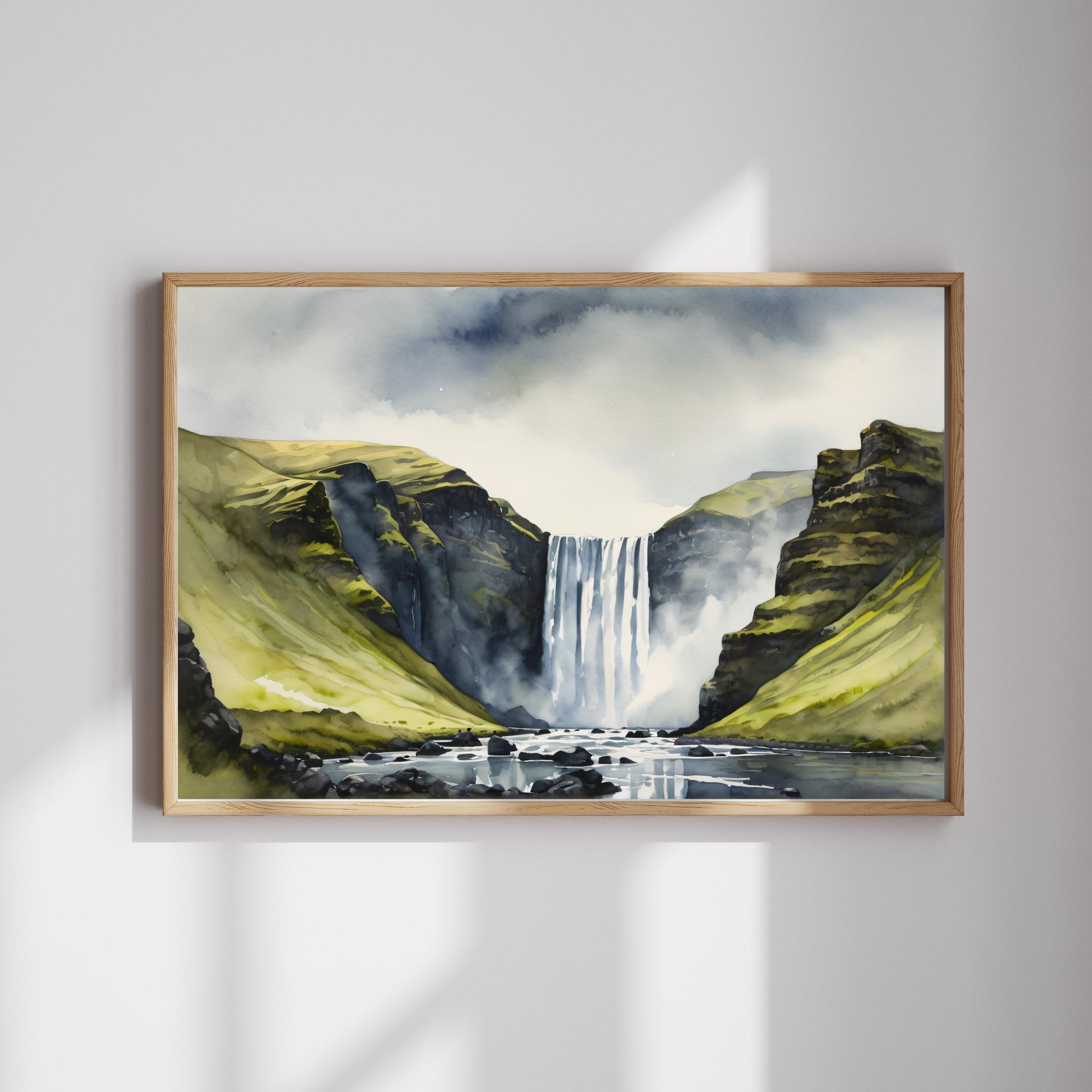 Iceland Watercolor Art Print – Skogafoss Waterfall Painting, Icelandic ...